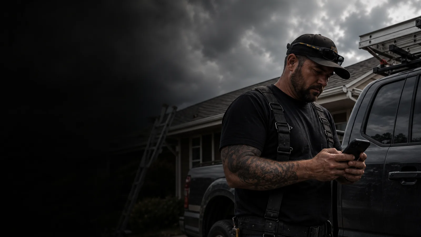 Contractor using Scope Control on a phone beside a work truck