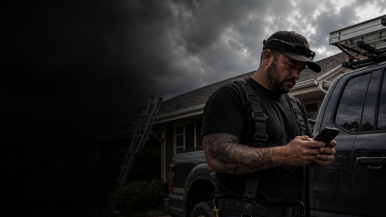 Contractor using Scope Control on a phone beside a work truck
