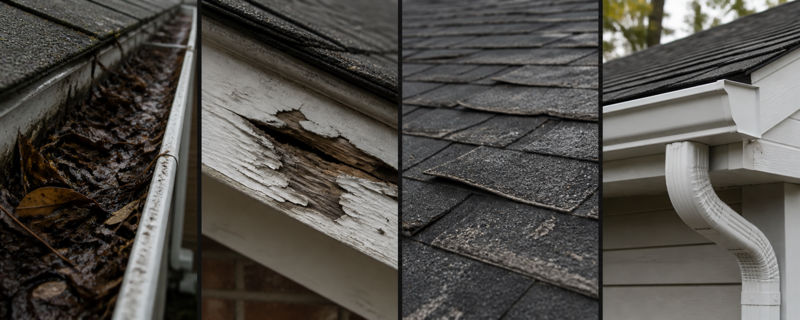 Gutter, fascia, roof, and completed downspout job photos