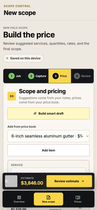 Scope Control scope and pricing screen