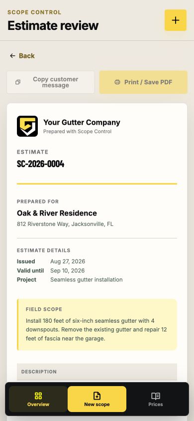 Scope Control estimate review screen